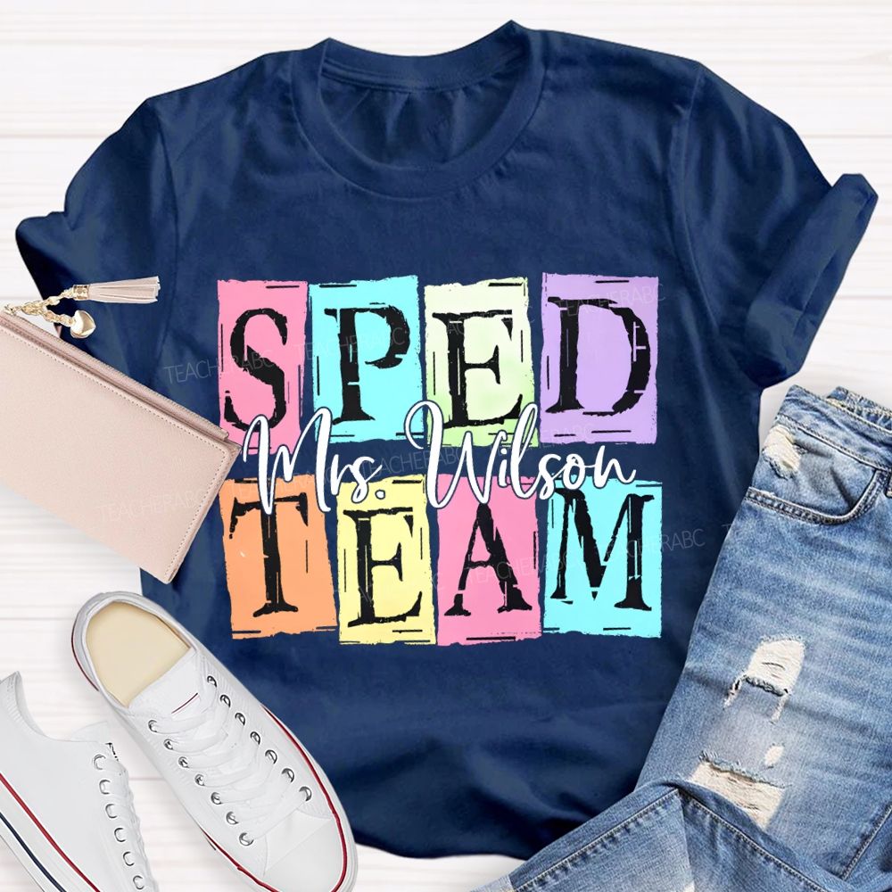 Personalized Name Sped Team Color Patchwork Print T-shirt