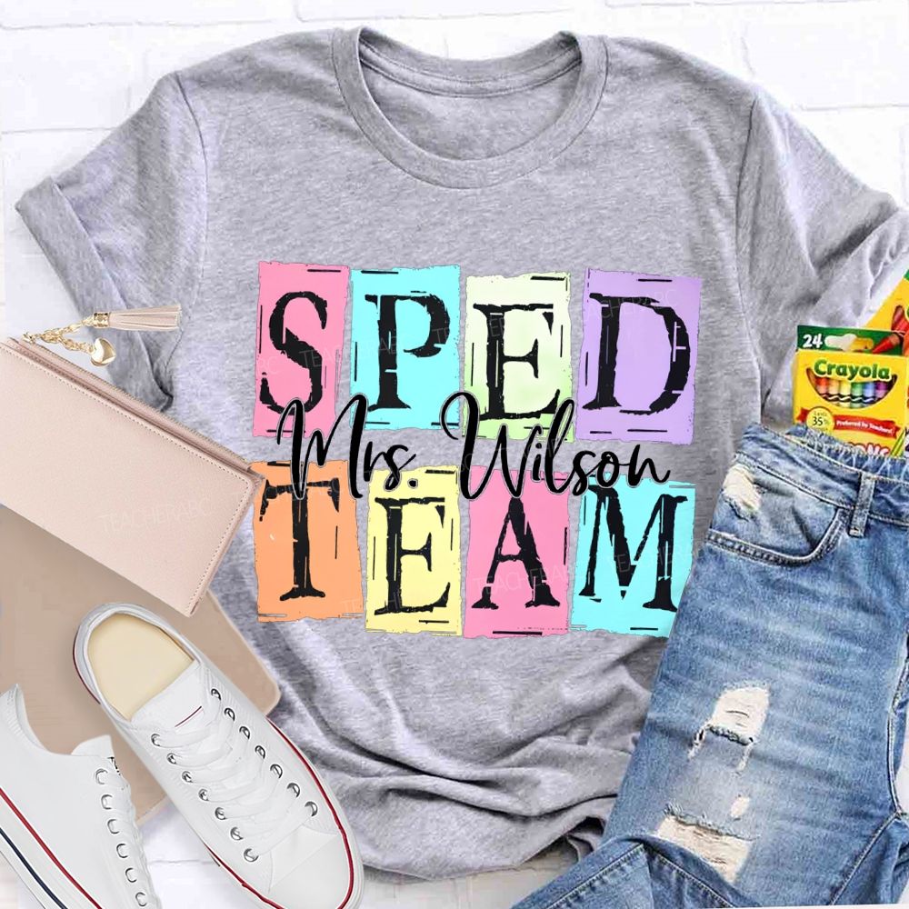 Personalized Name Sped Team Color Patchwork Print T-shirt
