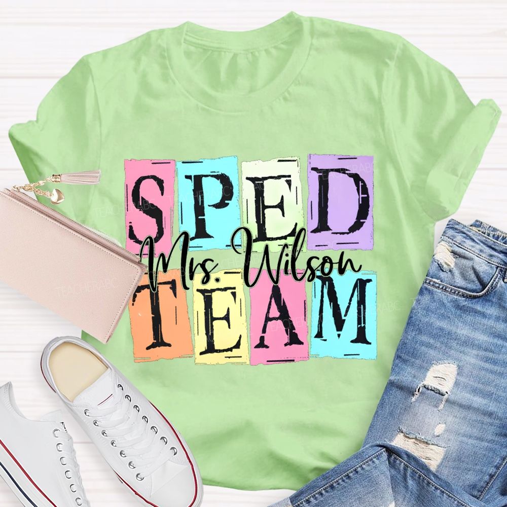 Personalized Name Sped Team Color Patchwork Print T-shirt