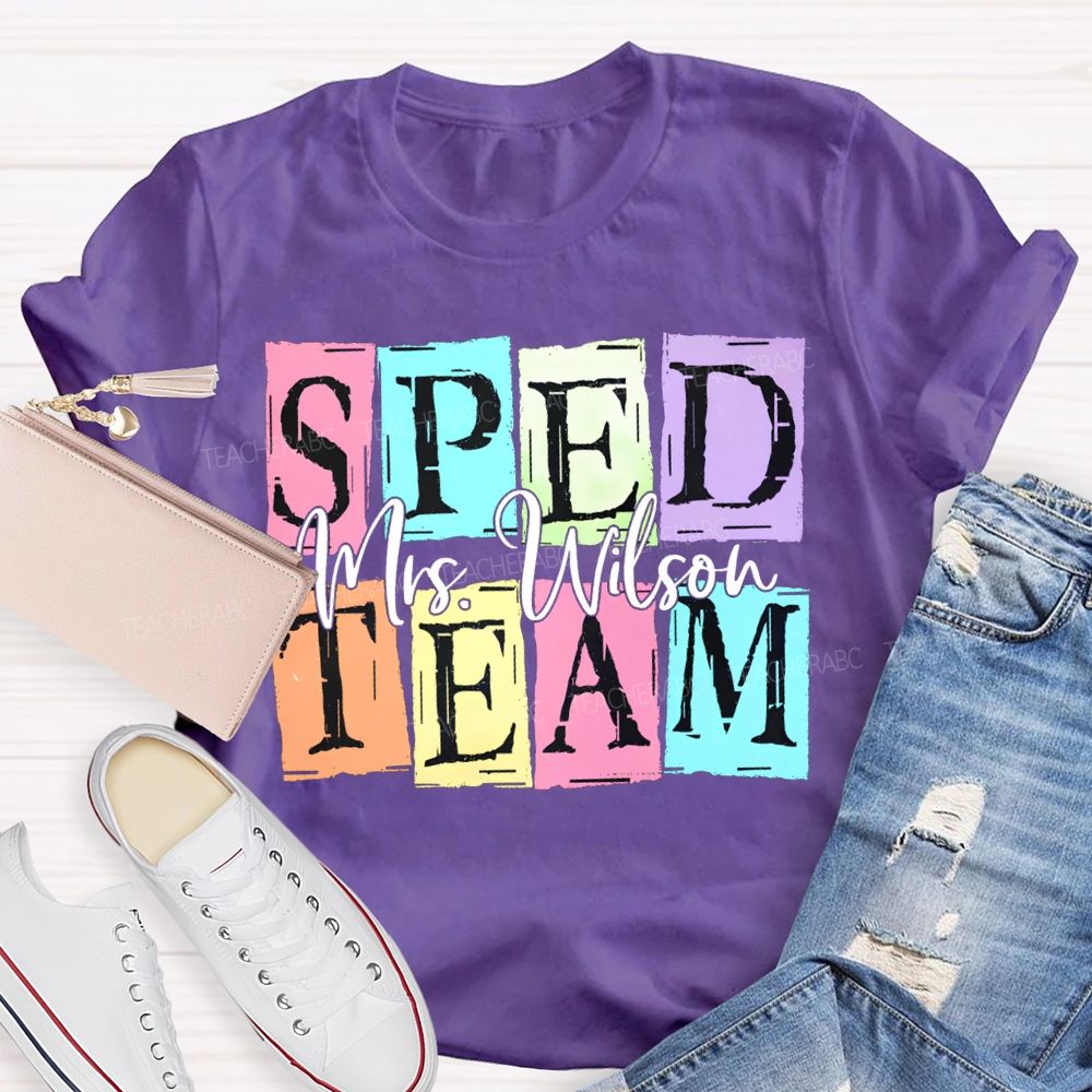 Personalized Name Sped Team Color Patchwork Print T-shirt