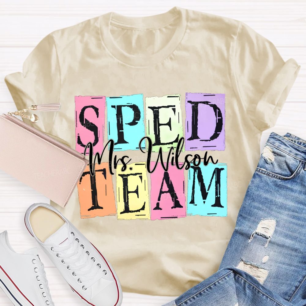 Personalized Name Sped Team Color Patchwork Print T-shirt