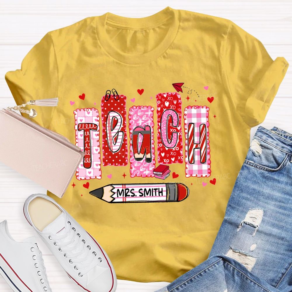 Personalized Name Teach Pink Heart Lettering Print T-shirt