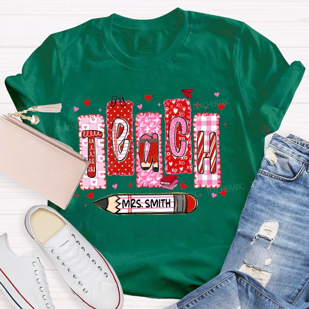 Personalized Name Teach Pink Heart Lettering Print T-shirt