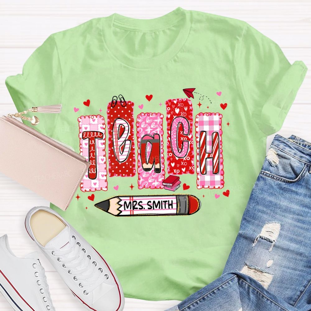 Personalized Name Teach Pink Heart Lettering Print T-shirt