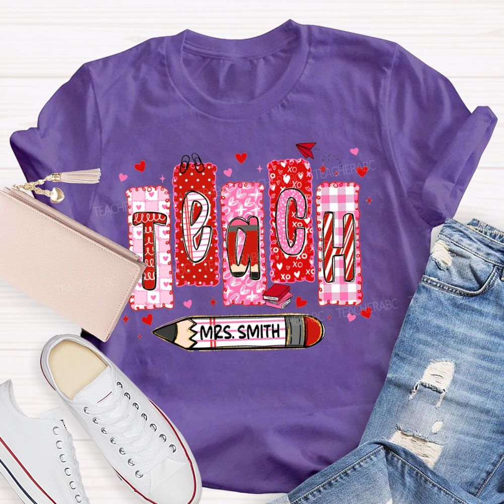 Personalized Name Teach Pink Heart Lettering Print T-shirt