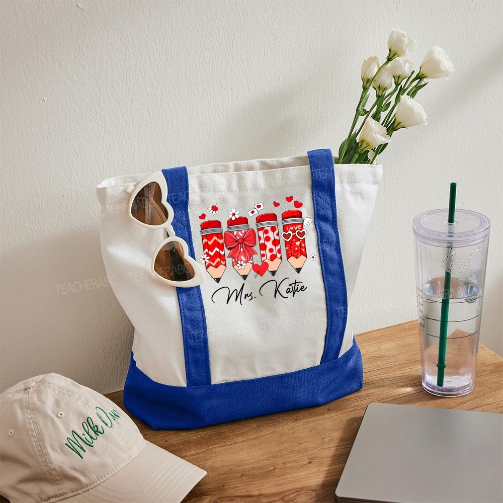Personalized Name Heart And Bow Pencil Teacher Color-blocked Canvas Bag