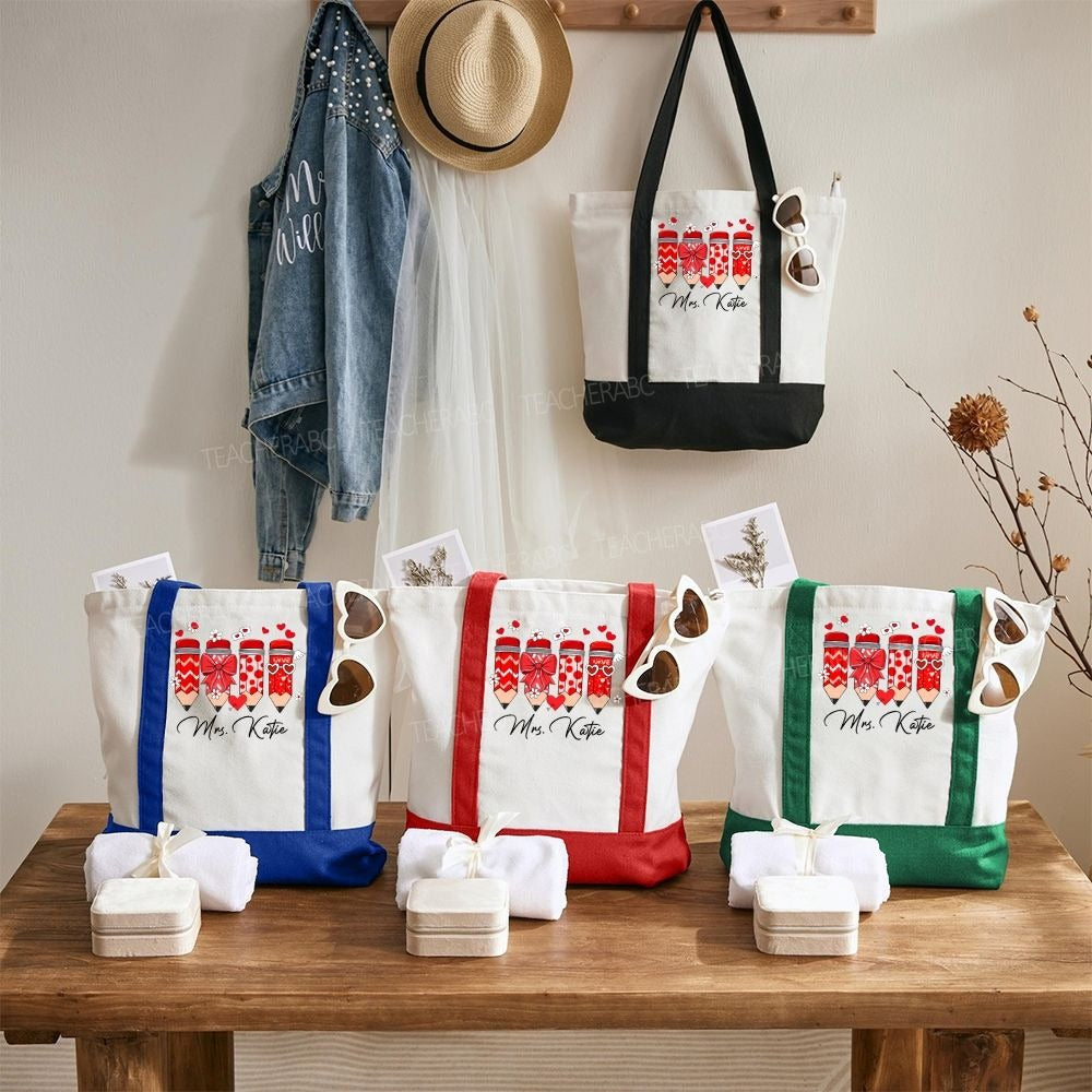 Personalized Name Heart And Bow Pencil Teacher Color-blocked Canvas Bag