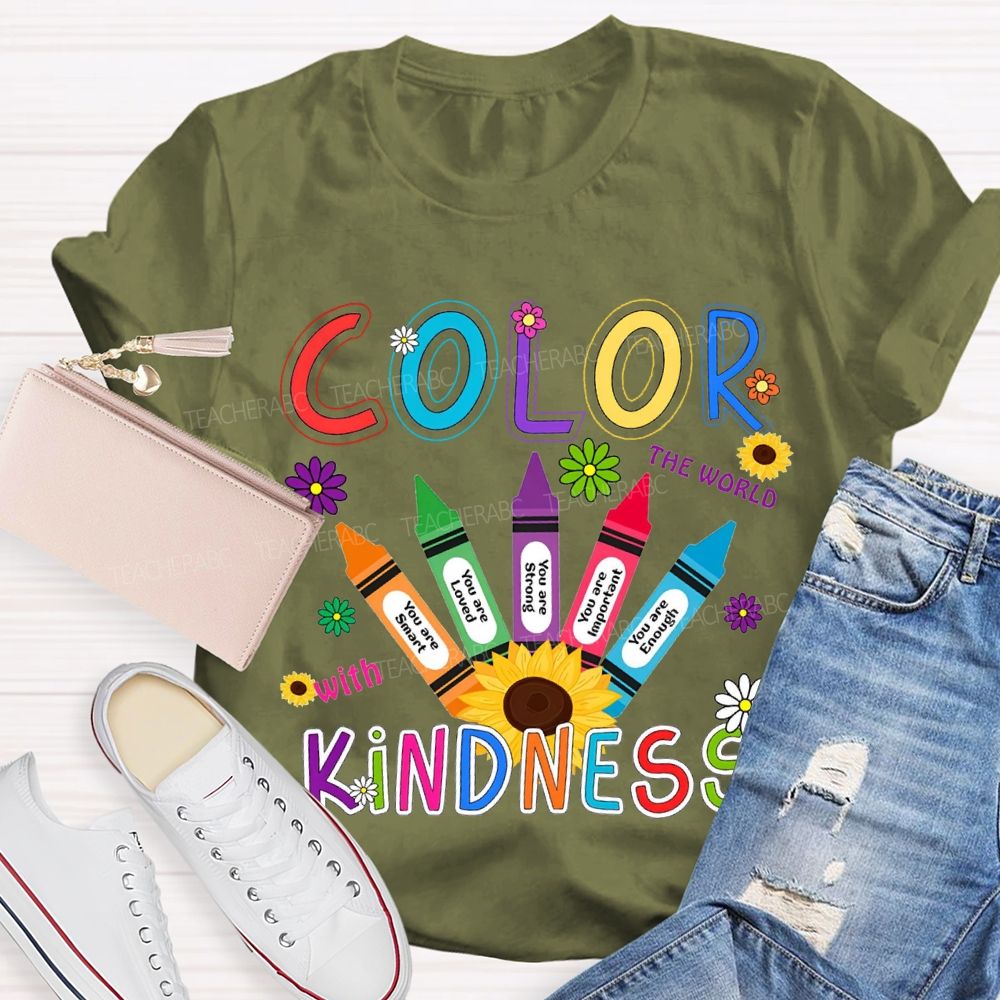 Color The World With Kindness Colorful Crayon Teacher T-shirt