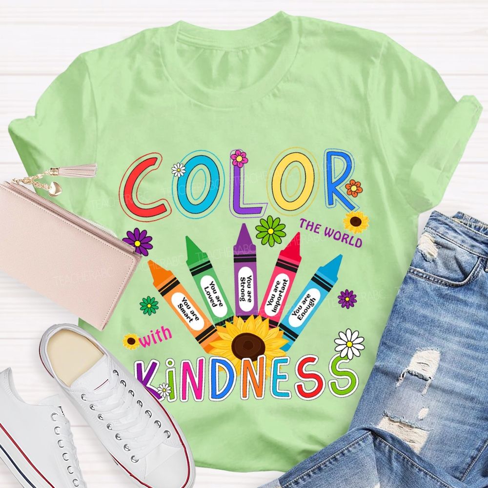 Color The World With Kindness Colorful Crayon Teacher T-shirt