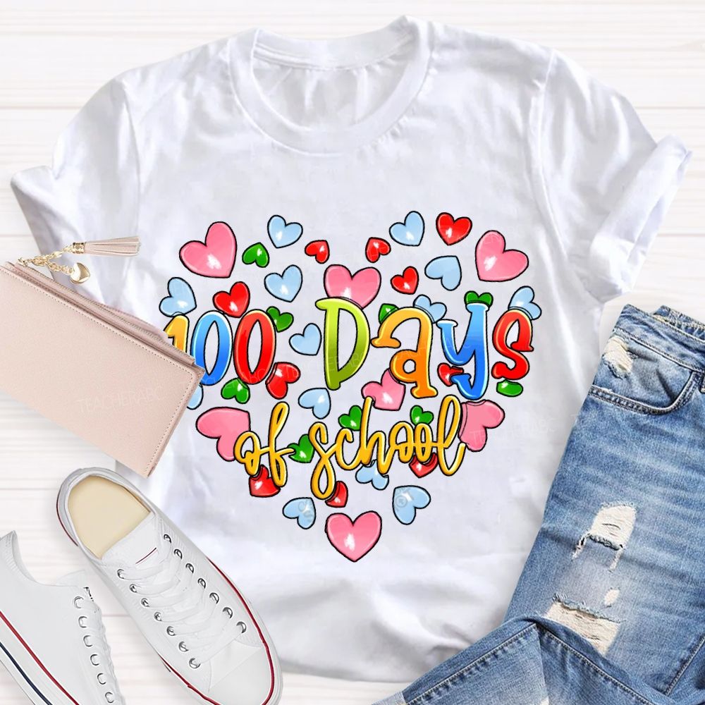 100 Days Of School Colorful Hearts Print T-shirt