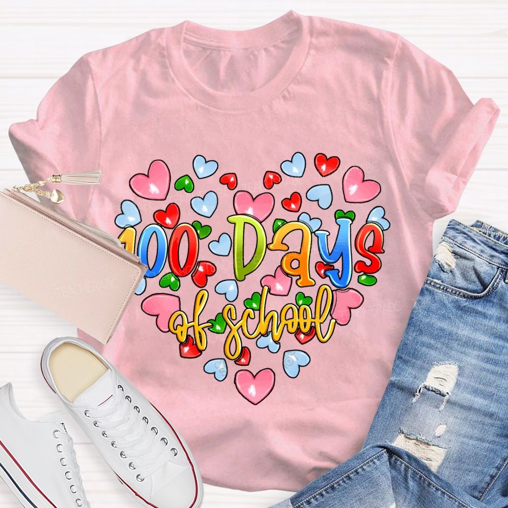 100 Days Of School Colorful Hearts Print T-shirt
