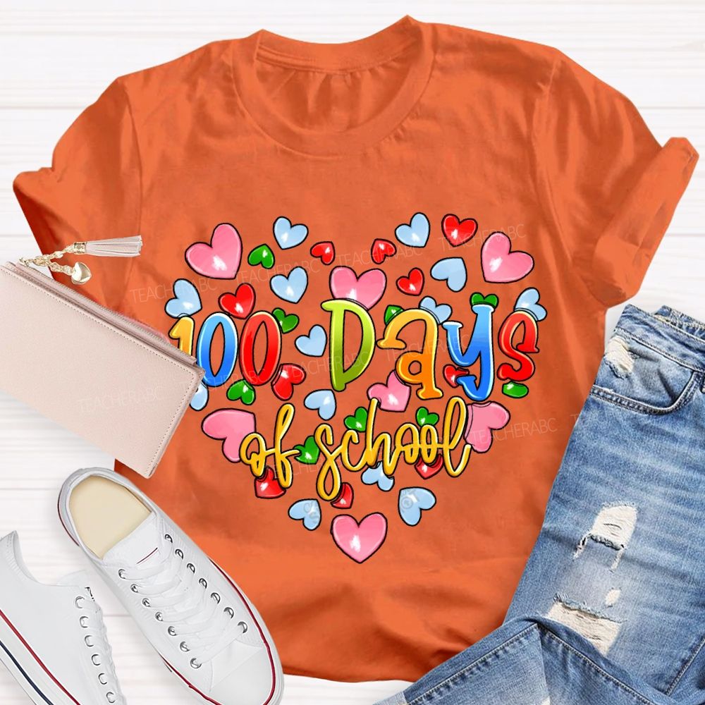 100 Days Of School Colorful Hearts Print T-shirt