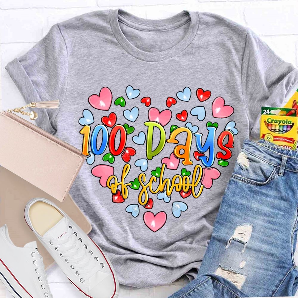 100 Days Of School Colorful Hearts Print T-shirt