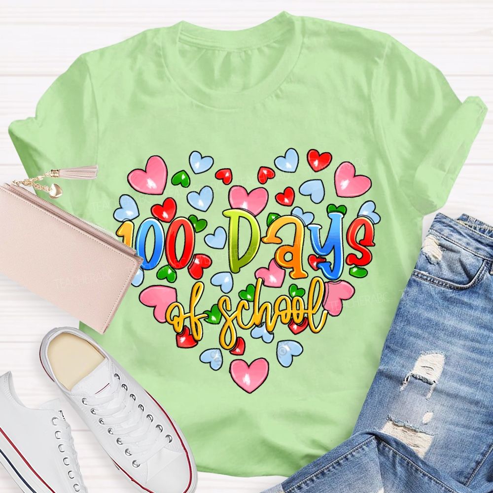 100 Days Of School Colorful Hearts Print T-shirt
