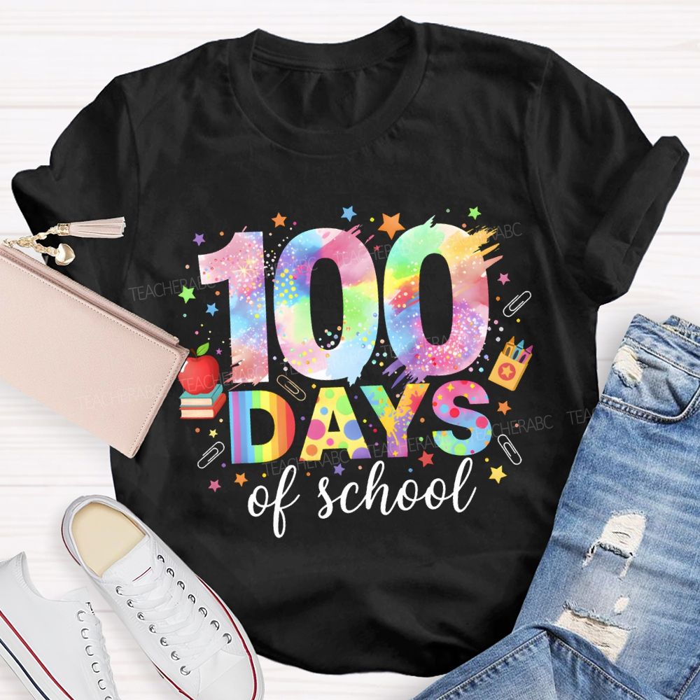 100 Days Of School Colorful Fonts And Star Prints T-shirt