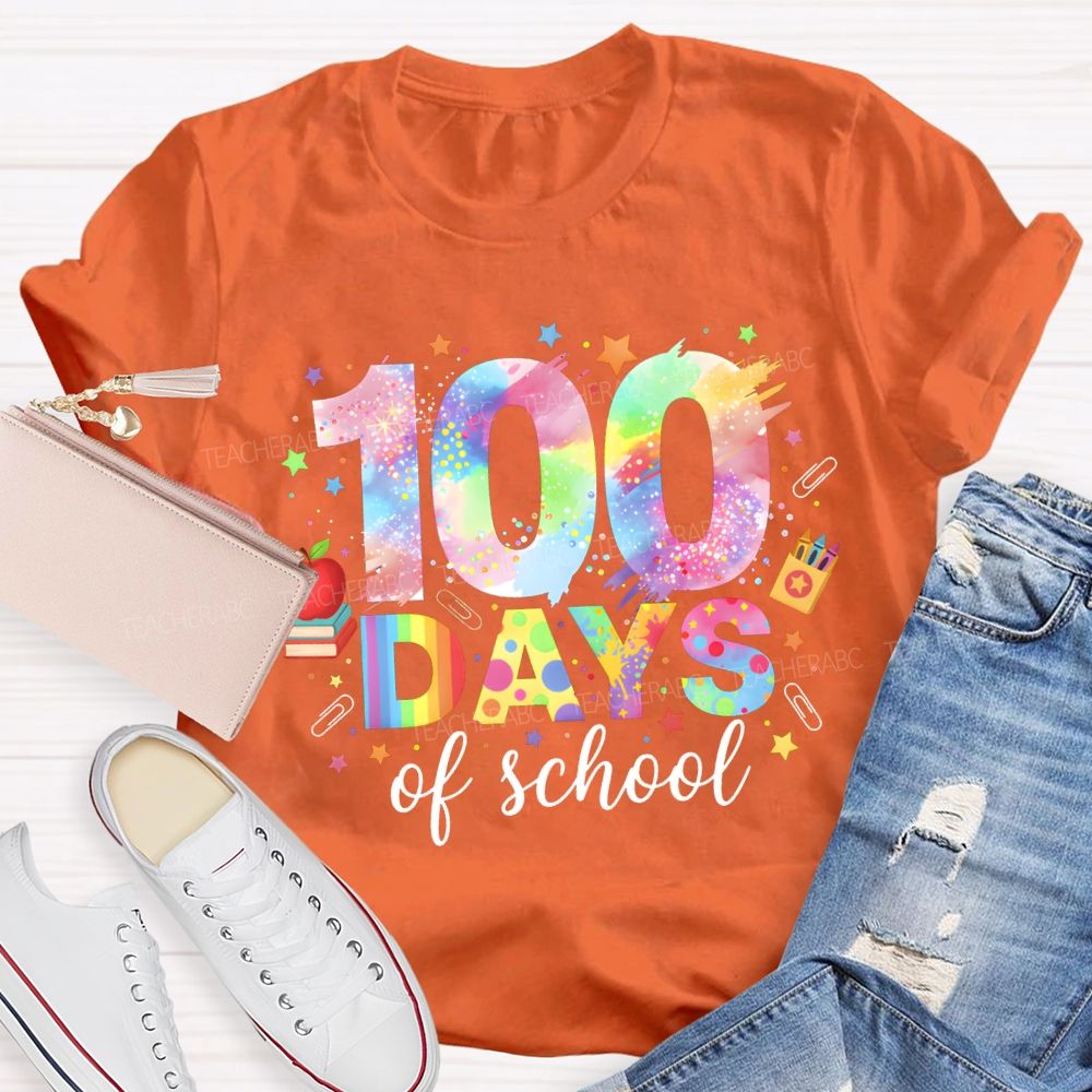 100 Days Of School Colorful Fonts And Star Prints T-shirt