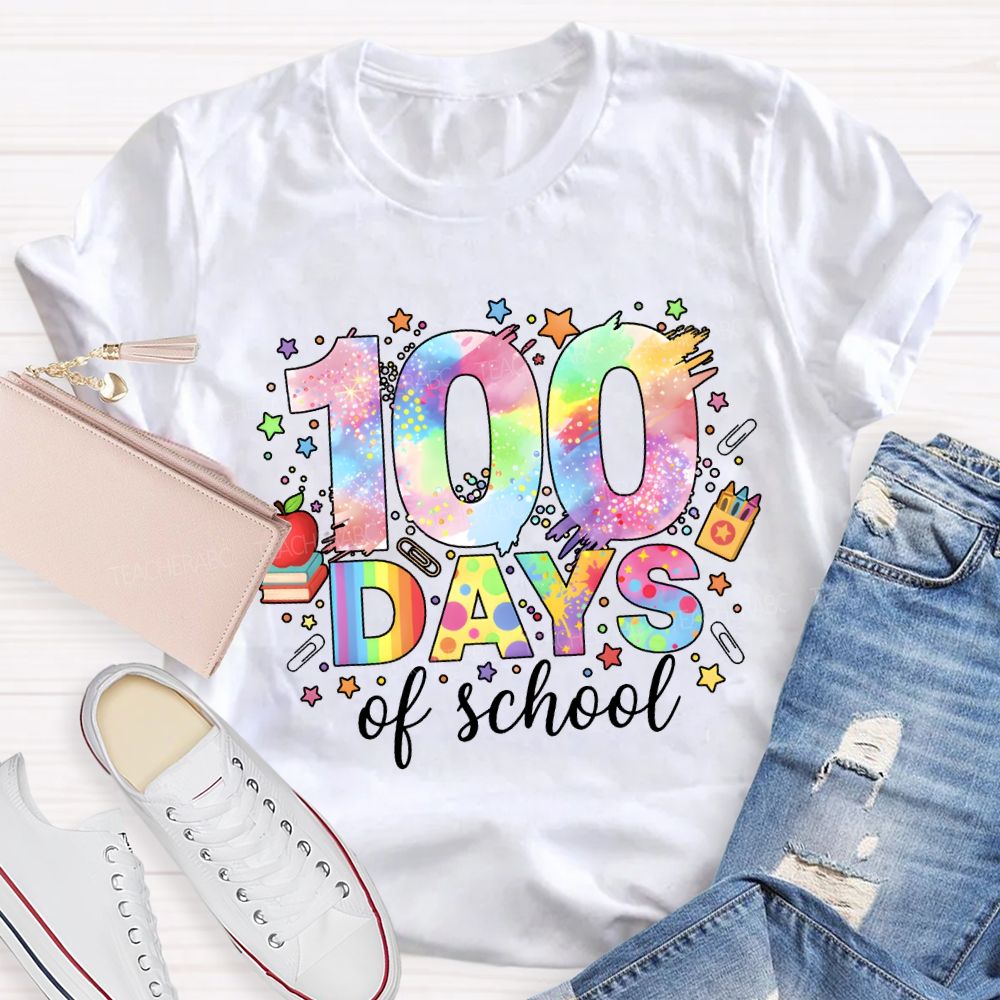 100 Days Of School Colorful Fonts And Star Prints T-shirt