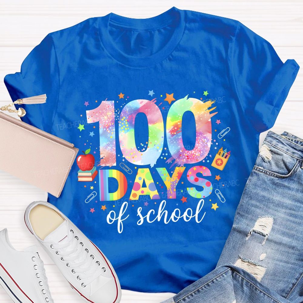 100 Days Of School Colorful Fonts And Star Prints T-shirt