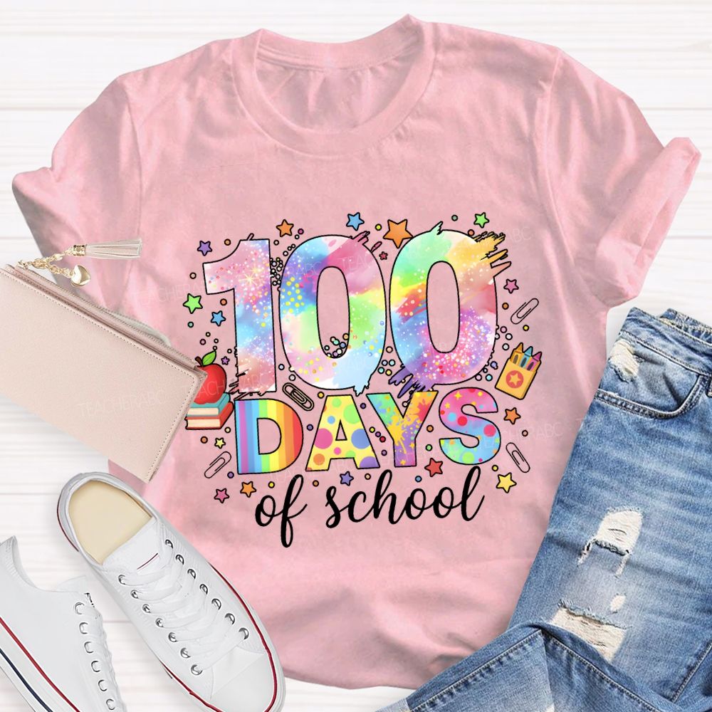 100 Days Of School Colorful Fonts And Star Prints T-shirt
