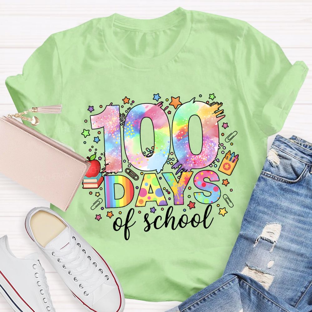 100 Days Of School Colorful Fonts And Star Prints T-shirt