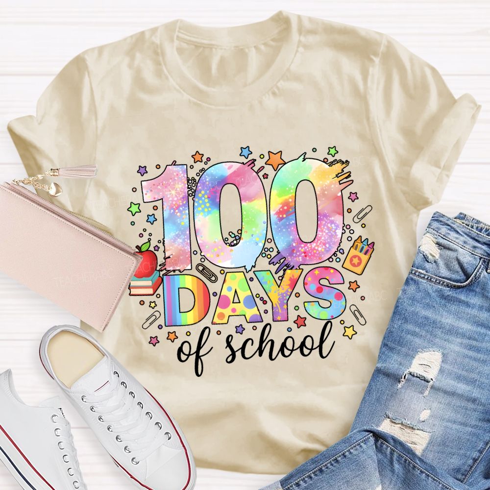 100 Days Of School Colorful Fonts And Star Prints T-shirt