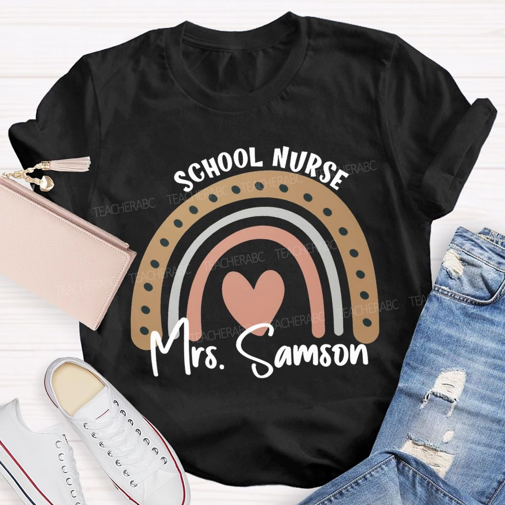 Personalized Name School Nurse Heart Print T-shirt