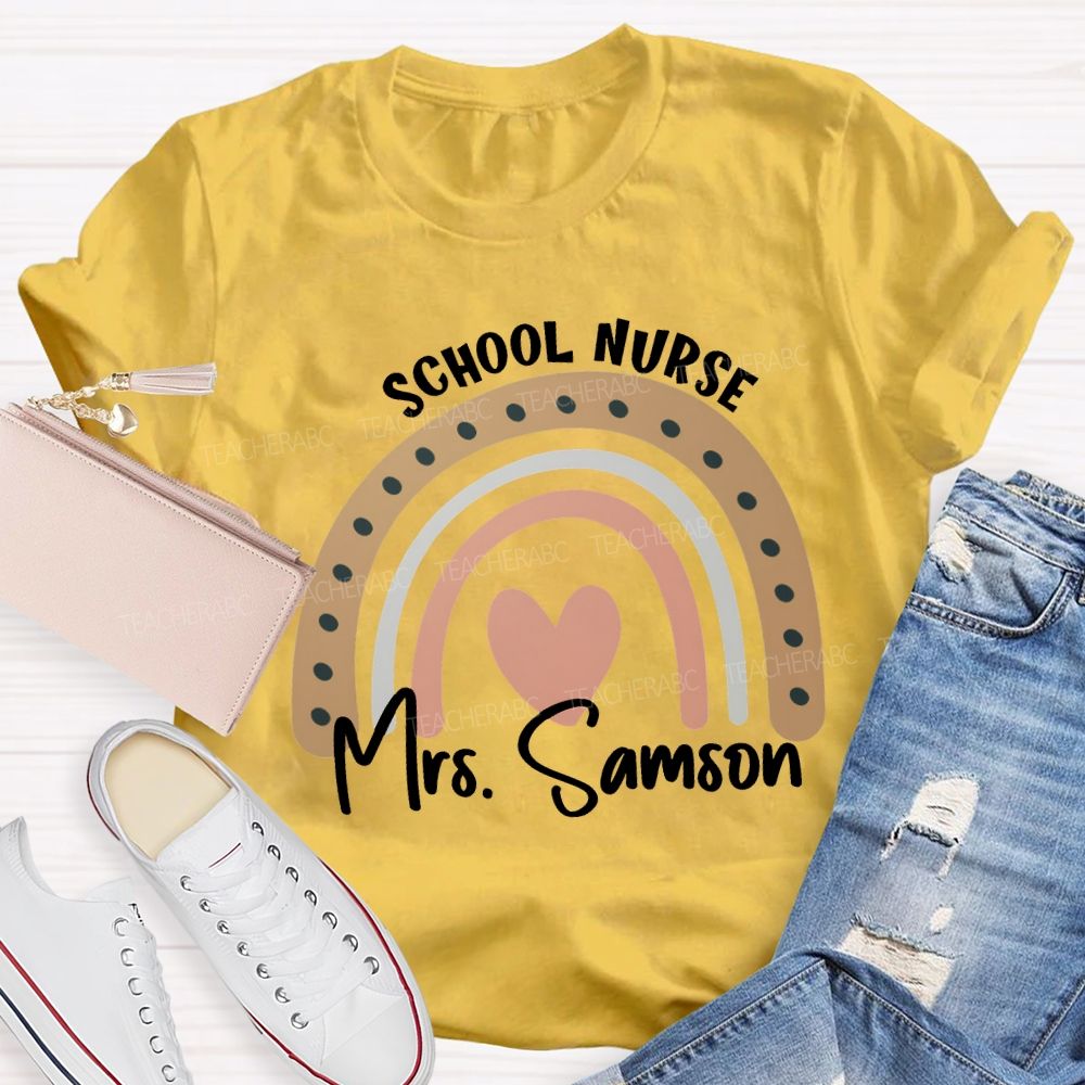 Personalized Name School Nurse Heart Print T-shirt