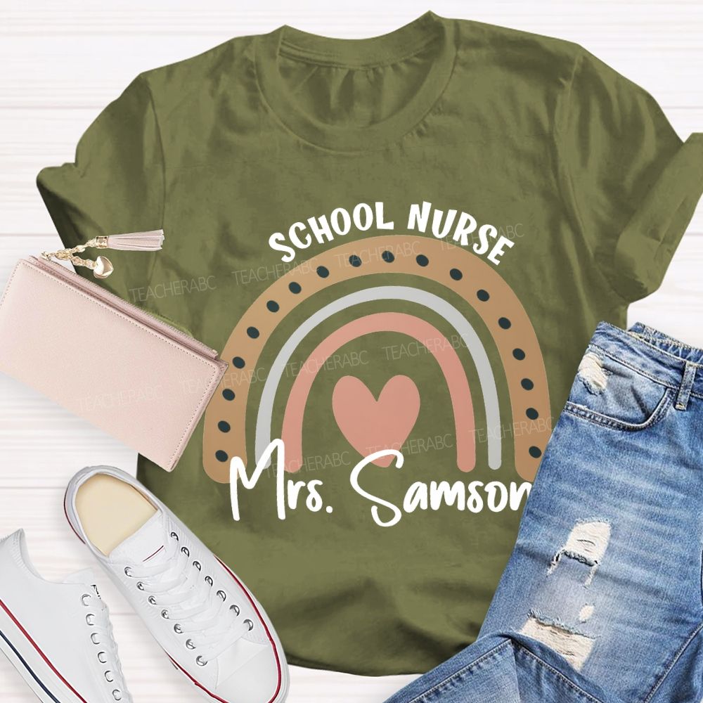 Personalized Name School Nurse Heart Print T-shirt