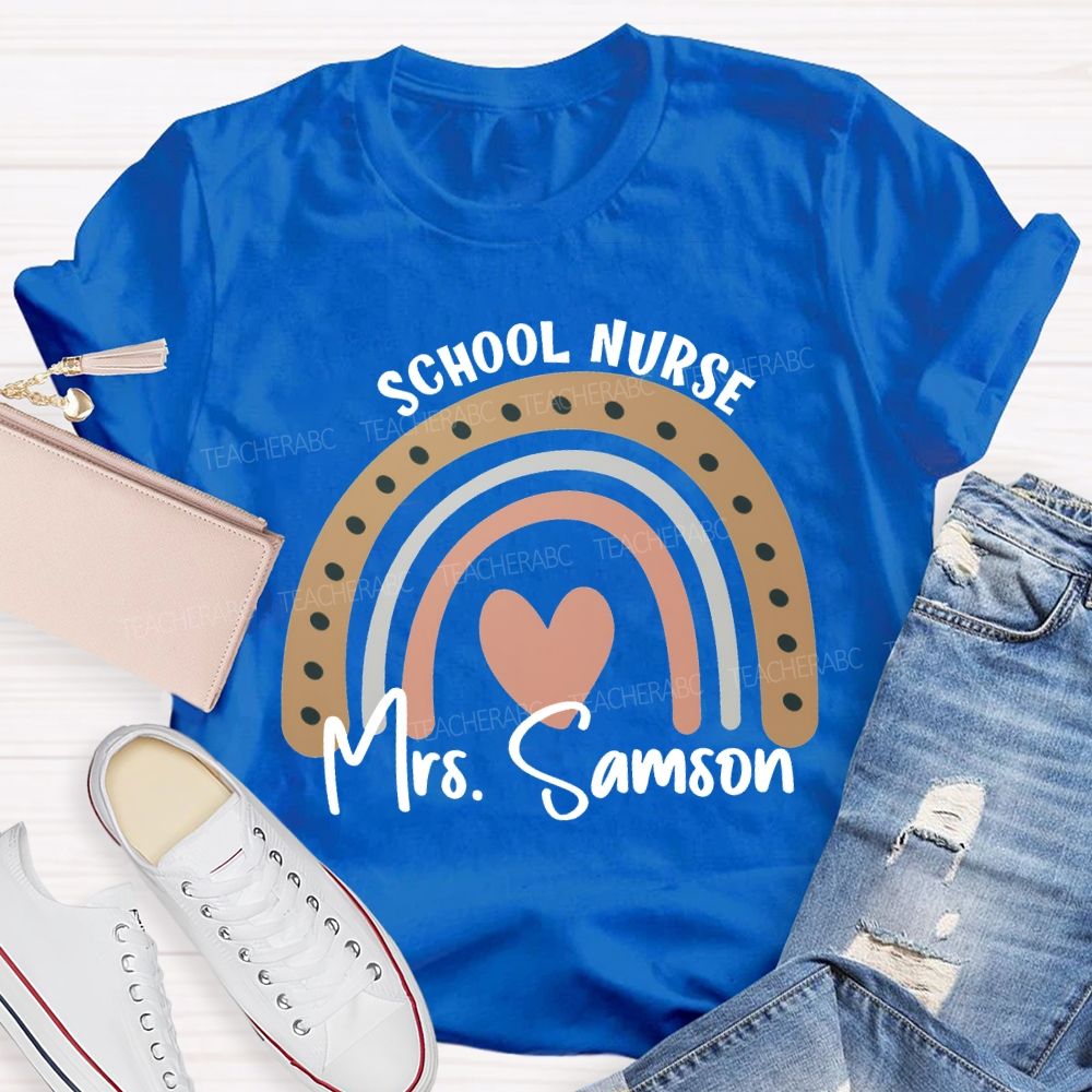 Personalized Name School Nurse Heart Print T-shirt