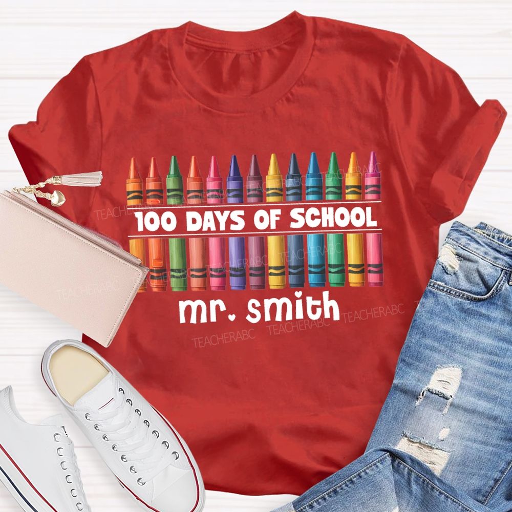 Personalized Name 100 Days Of School Colored Crayon Prints T-shirt