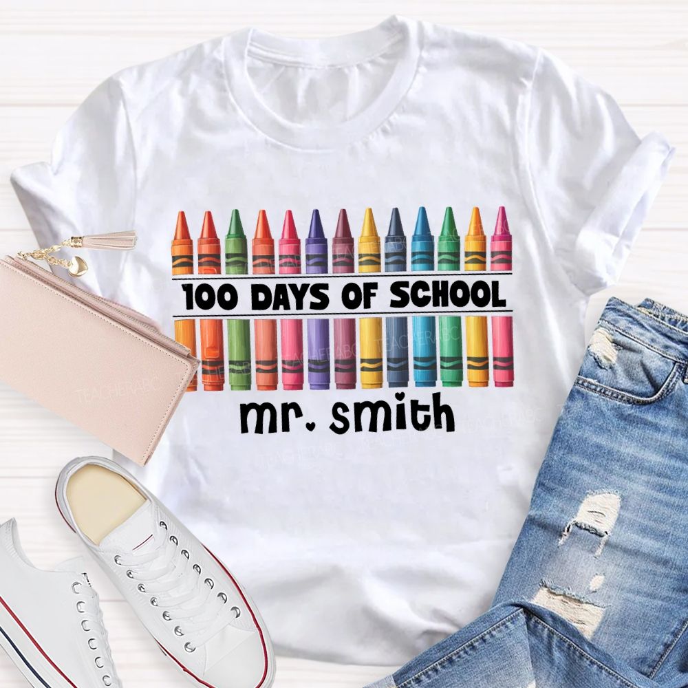 Personalized Name 100 Days Of School Colored Crayon Prints T-shirt