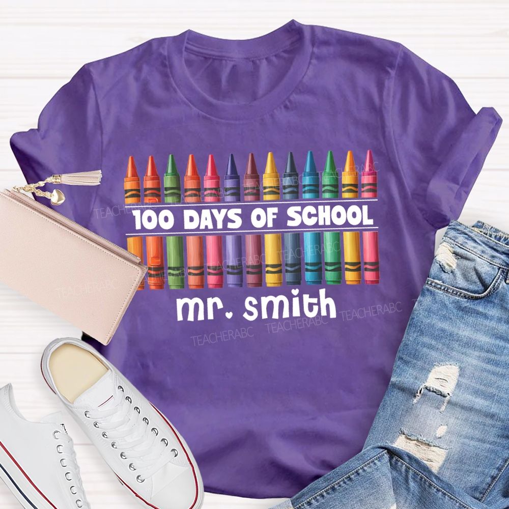 Personalized Name 100 Days Of School Colored Crayon Prints T-shirt