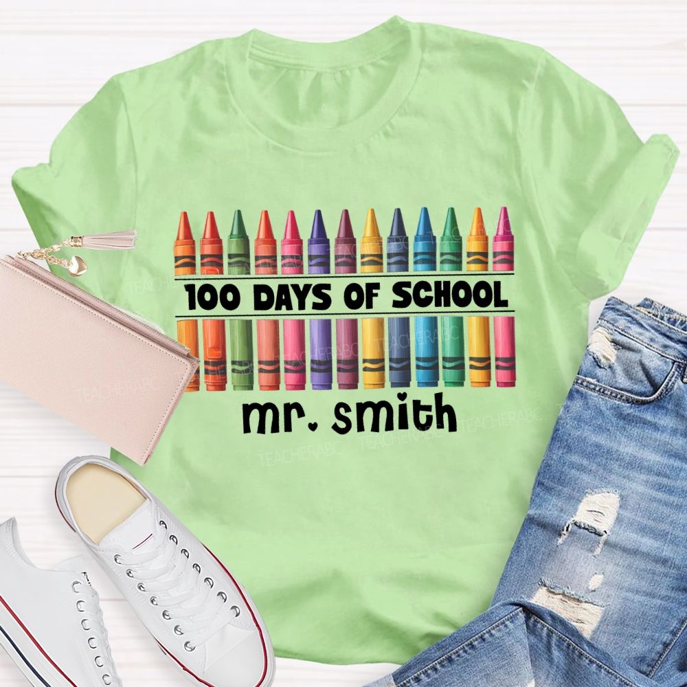 Personalized Name 100 Days Of School Colored Crayon Prints T-shirt