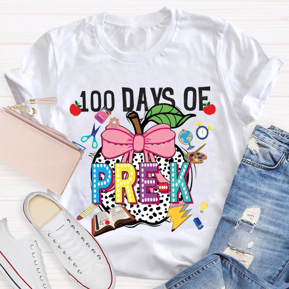 Personalized Grade 100 Days Of Pre-K Bow And Polka Dot Apple T-shirt
