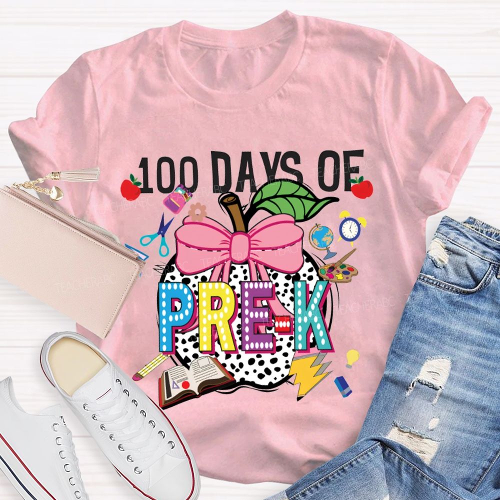 Personalized Grade 100 Days Of Pre-K Bow And Polka Dot Apple T-shirt