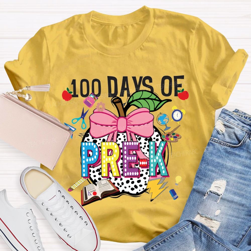 Personalized Grade 100 Days Of Pre-K Bow And Polka Dot Apple T-shirt