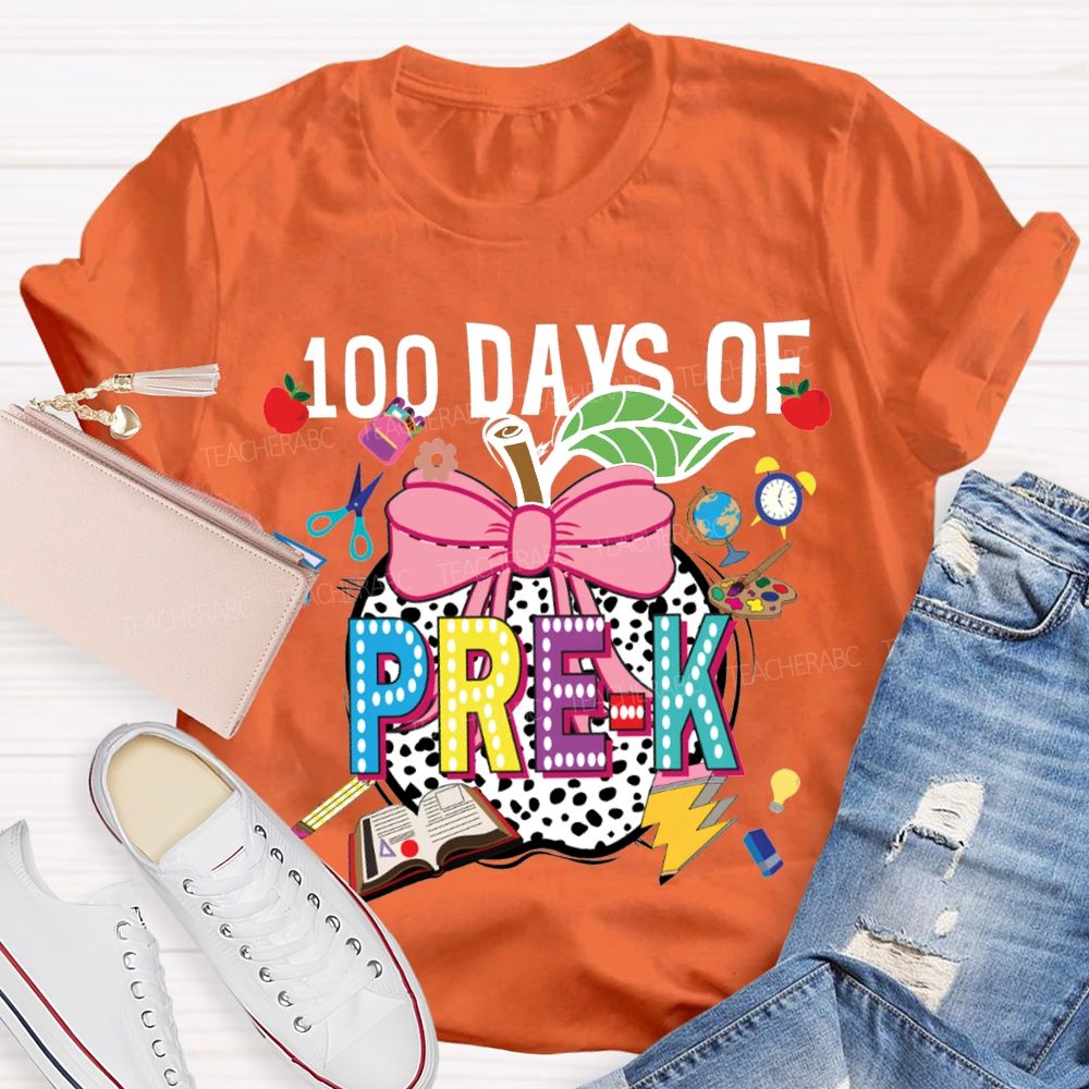 Personalized Grade 100 Days Of Pre-K Bow And Polka Dot Apple T-shirt