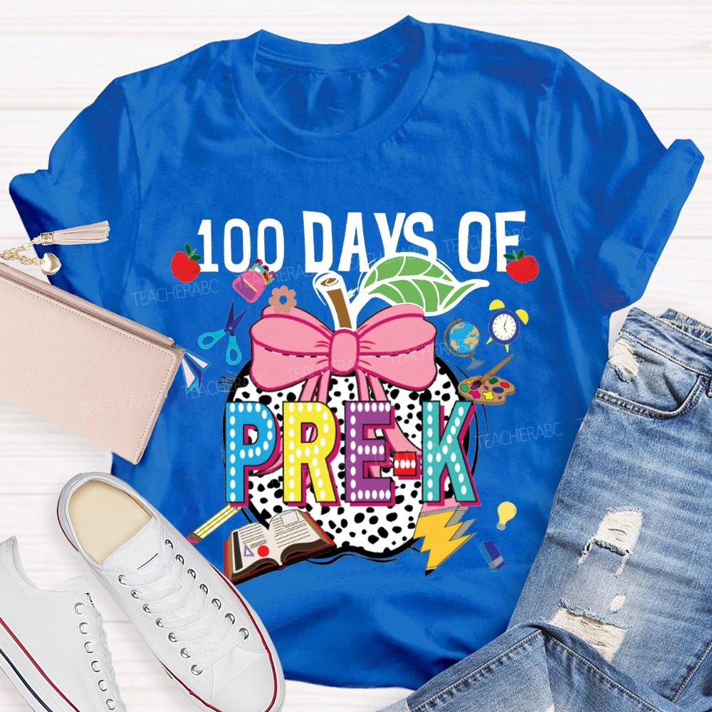 Personalized Grade 100 Days Of Pre-K Bow And Polka Dot Apple T-shirt