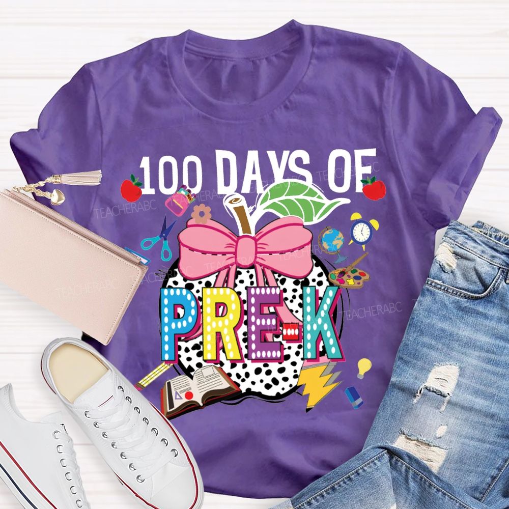 Personalized Grade 100 Days Of Pre-K Bow And Polka Dot Apple T-shirt