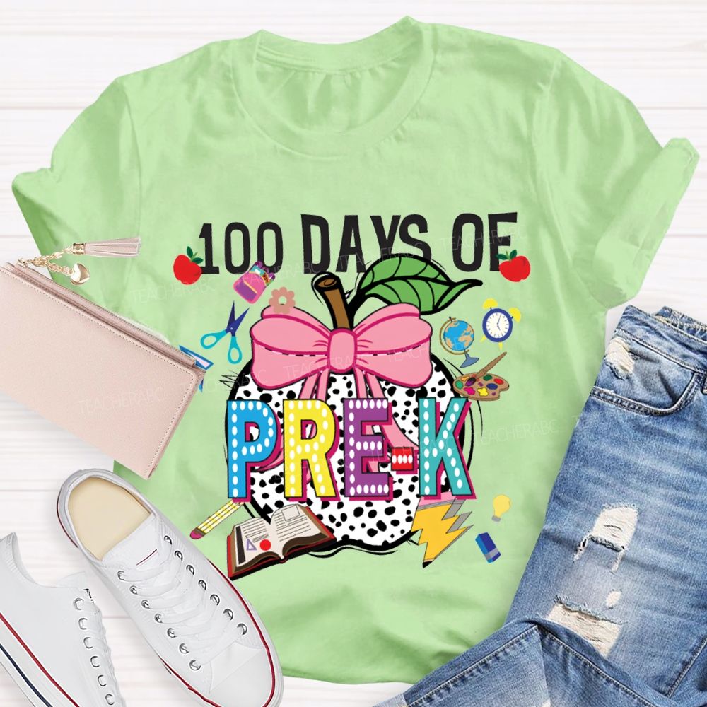 Personalized Grade 100 Days Of Pre-K Bow And Polka Dot Apple T-shirt