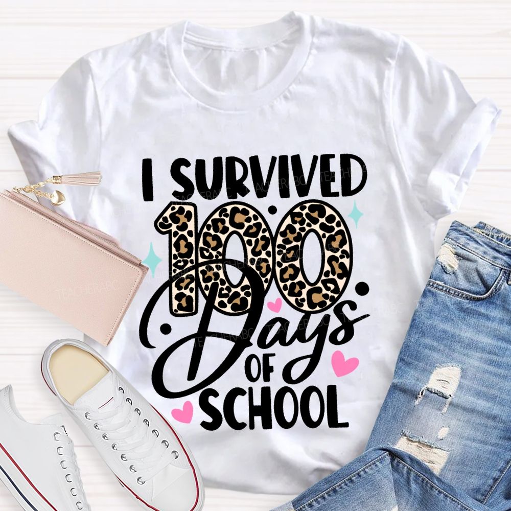 I Survived 100 Days Of School Leopard Print Font T-shirt