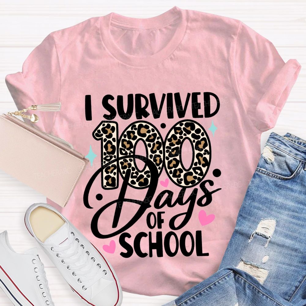 I Survived 100 Days Of School Leopard Print Font T-shirt