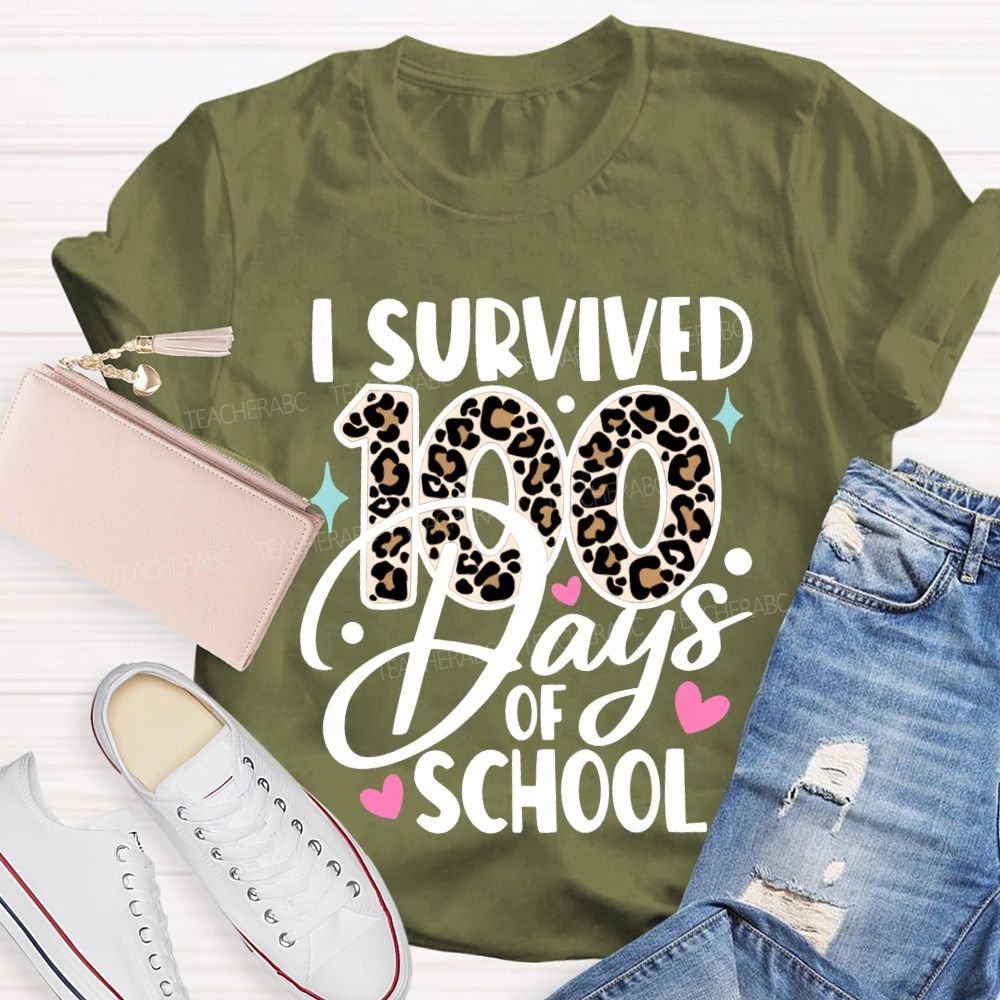 I Survived 100 Days Of School Leopard Print Font T-shirt