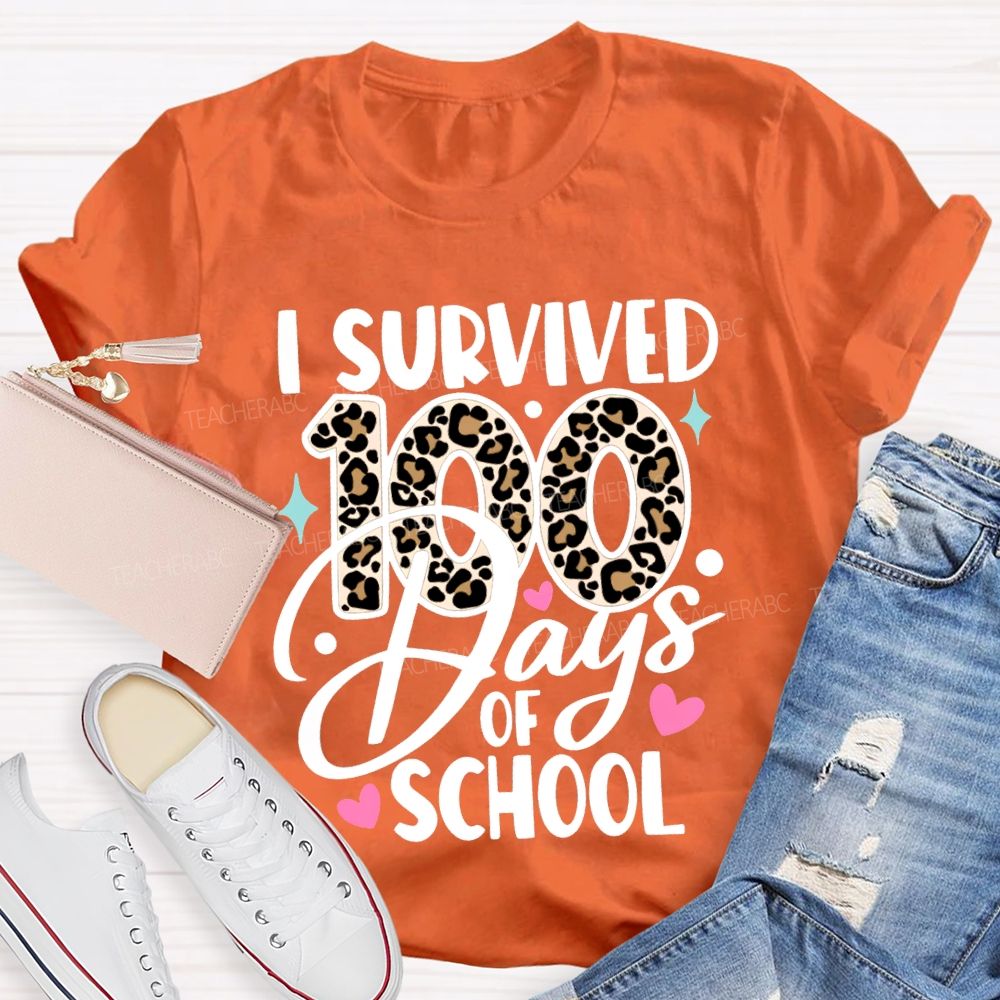 I Survived 100 Days Of School Leopard Print Font T-shirt