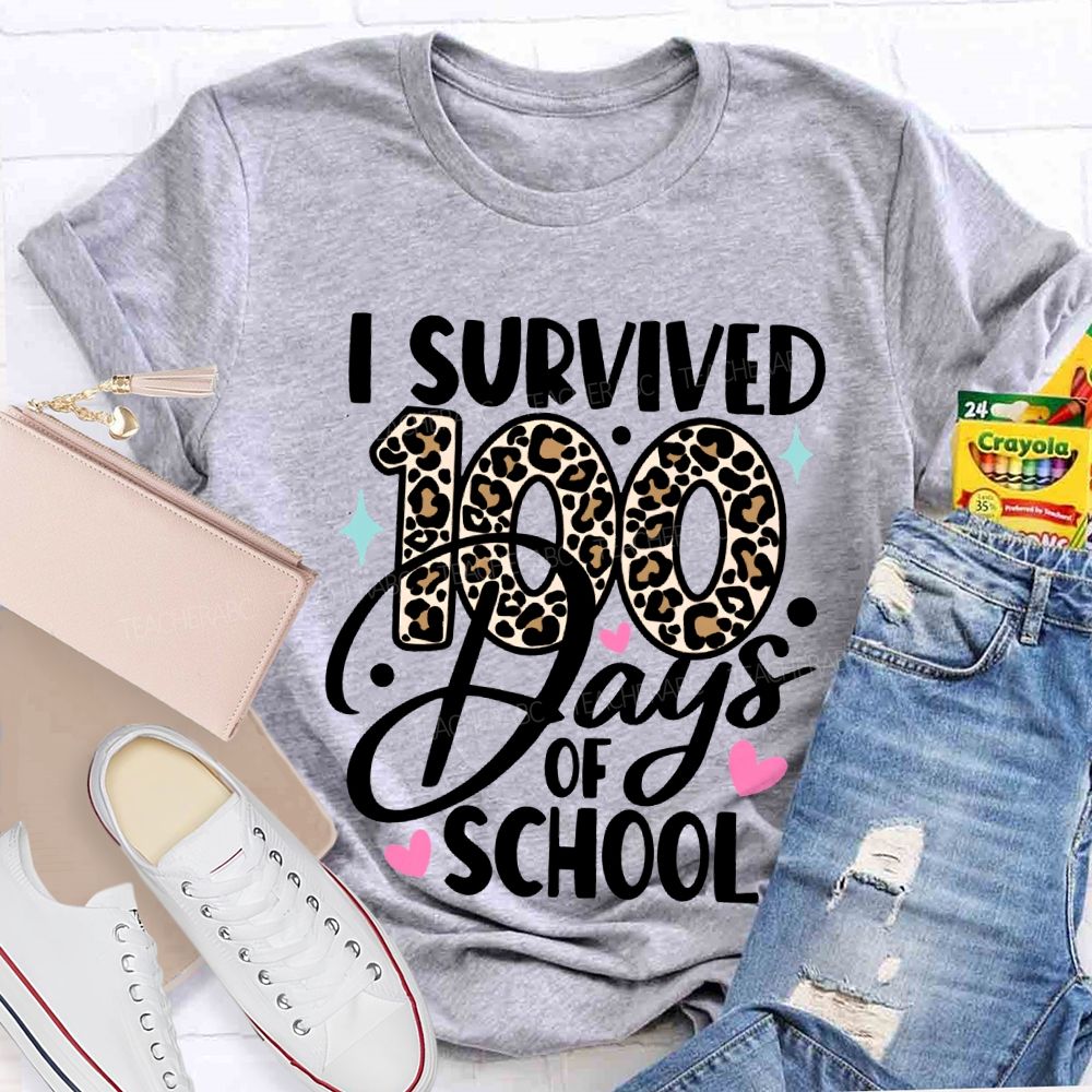 I Survived 100 Days Of School Leopard Print Font T-shirt