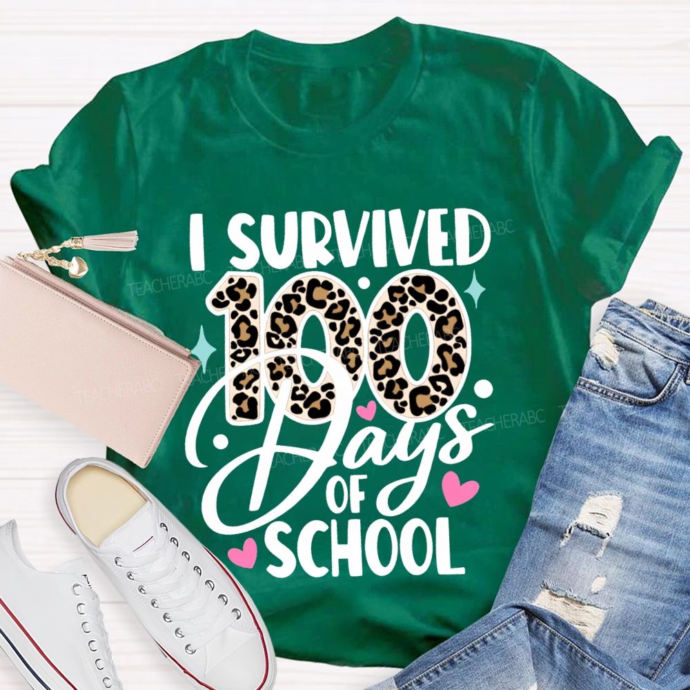 I Survived 100 Days Of School Leopard Print Font T-shirt