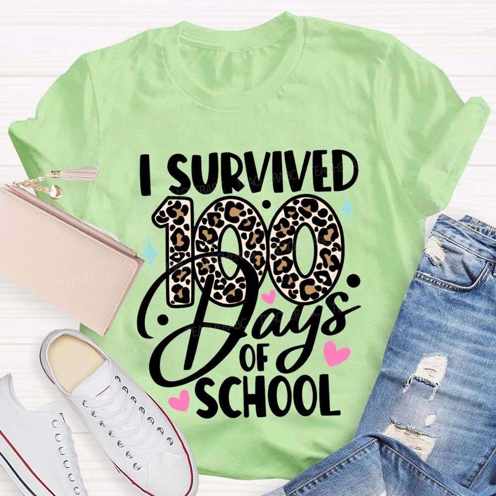 I Survived 100 Days Of School Leopard Print Font T-shirt