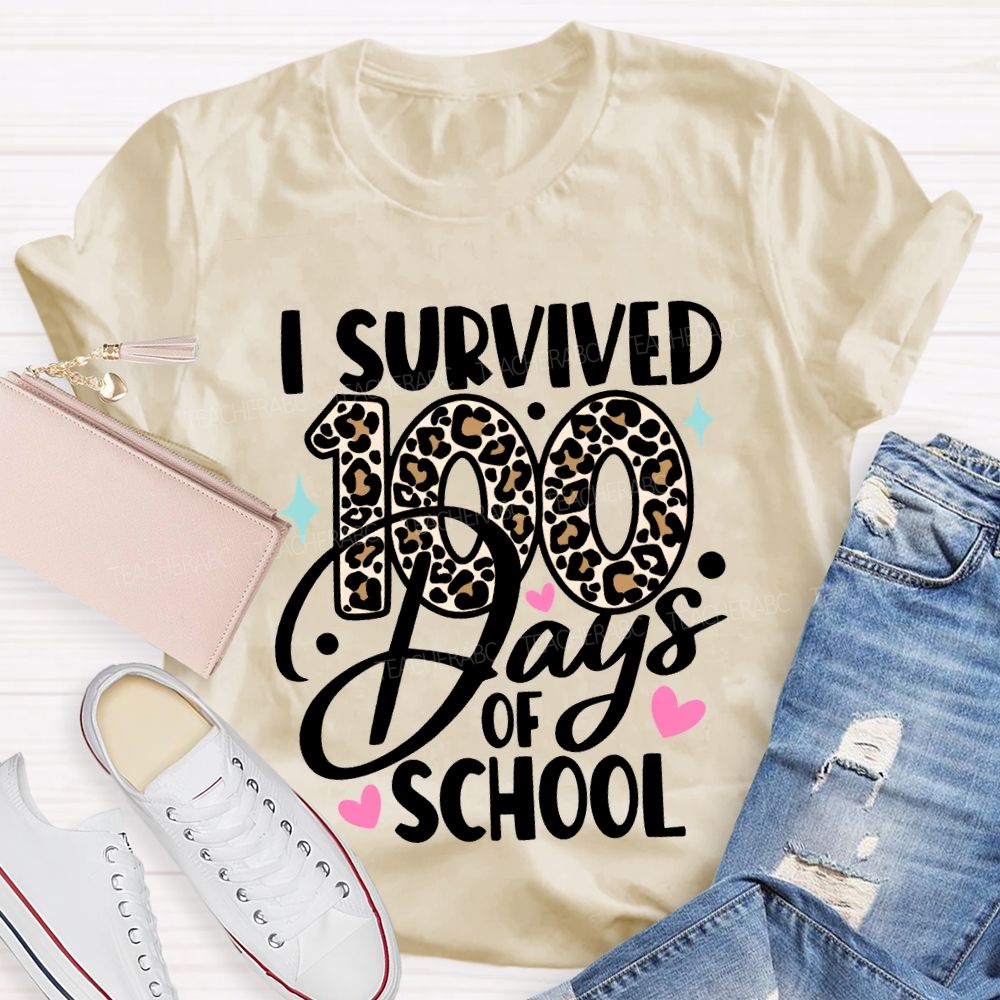 I Survived 100 Days Of School Leopard Print Font T-shirt