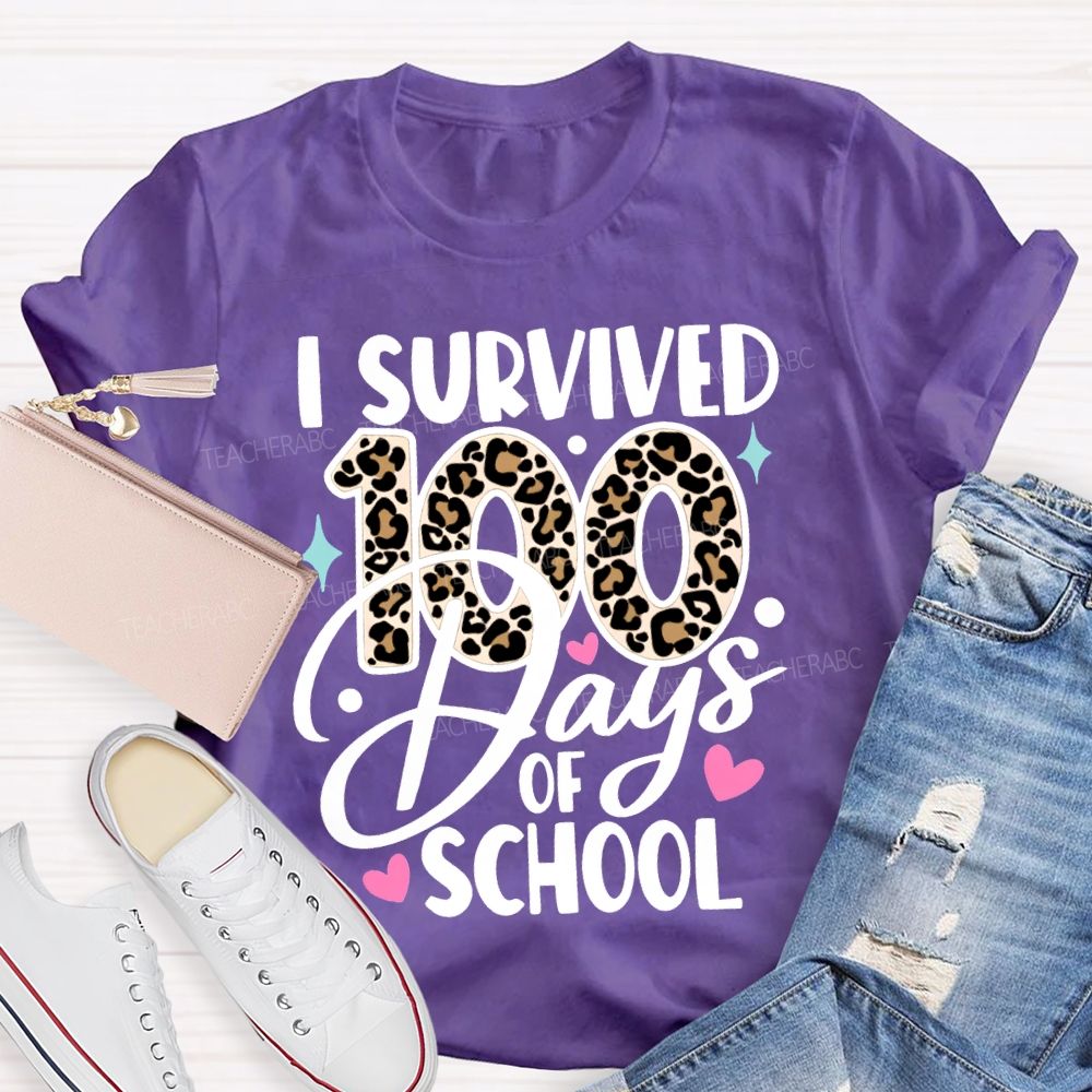 I Survived 100 Days Of School Leopard Print Font T-shirt