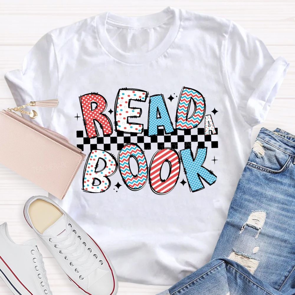 Read Book Checkered Print National Reading Day T-shirt